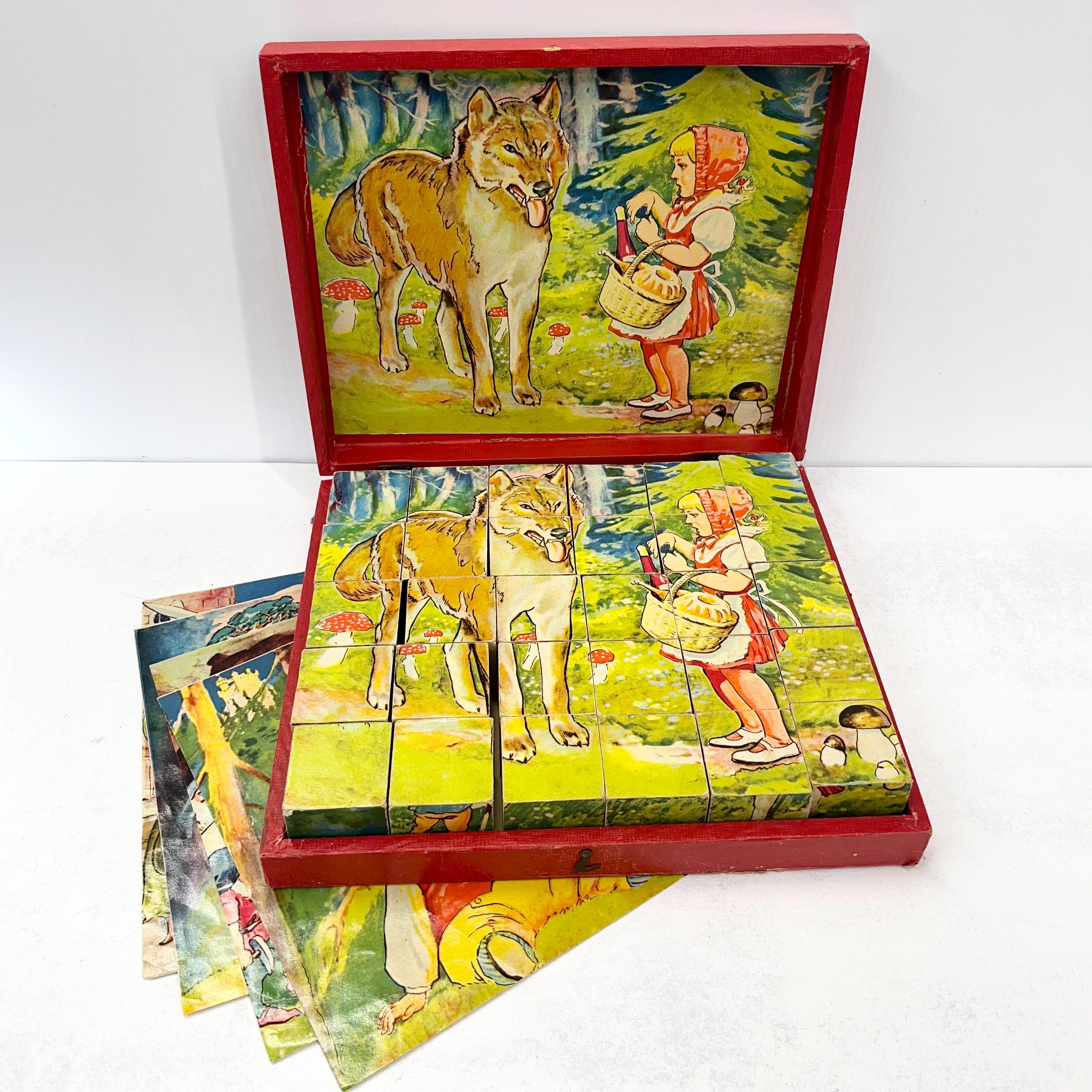 Vintage 1950's 1960's Wooden Fairy Tale Block Puzzle Six Scenes to