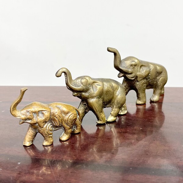 Group of Three Small Mid Century Brass / Bronze Elephant Figures Vintage Retro Home Decor