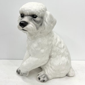 Vintage Sitting White Poodle / Bichon Frise Dog Porcelain Figure Bassano Italy Figurine Dog Ornament 30cm