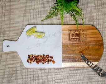 Personalized Monogram Marble & Wood Charcuterie Cheese Serving Board - Custom Engraved Cutting Board for Wedding Gift, Housewarming Gift