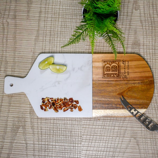 Personalized Monogram Marble & Wood Charcuterie Cheese Serving Board - Custom Engraved Cutting Board for Wedding Gift, Housewarming Gift