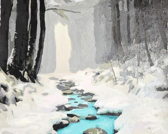 Signiertes 1: 1 Hand-Lose Leinwand Acrylgemälde Winter blauer Bach Landschaft