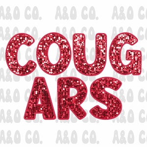May include: Red sparkly letters spelling out "COUGARS" on a white background.