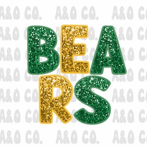 Op de afbeelding: Groene en gouden glitterletters die "BEARS" spellen.