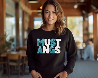 Mustangs Faux Sequin Graphic Sweatshirt | Game Day Shirt Texas | Mustangs Fan Apparel  | Mustangs Game Day |  Women's Sweatshirt | Gift Idea