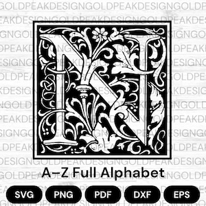 Decorative Medieval Alphabet, William Morris Floral Letters, Transparent Drop Cap Vintage Monogram SVG|PNG|DXF Bundle Download for Cricut