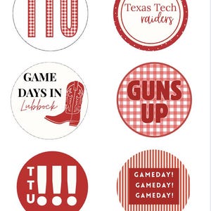 May include: A set of six circular stickers featuring Texas Tech University themes. Designs include red gingham text reading TTU, Texas Tech Raiders, a red cowboy boot with Game Days in Lubbock, Guns Up in red gingham, TTU with exclamation points, and Gameday text.