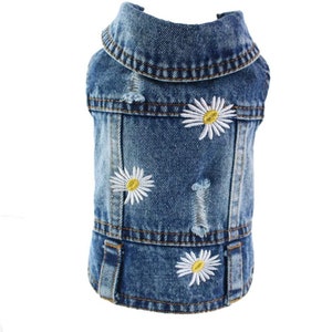 DENIM Jeans Jacket with Three Embroidery Daisies,Puppy Clothes for Small, Medium Dogs & Cats.