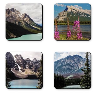Canadian Rockies Set of 4 Coasters, Alberta, Canada; Mountain and Landscape photography; Photo Coasters