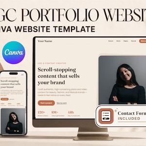 May include: A Canva website template for a UGC portfolio displayed on a desktop monitor and a smartphone. The screen shows the text UGC & CONTENT CREATOR, Scroll-stopping content that sells your brand, and a contact form included badge.