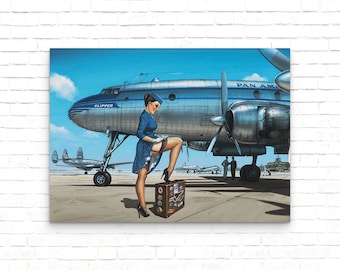 May include: A vintage illustration of a woman in a blue uniform and stockings standing next to a silver airplane with the text "PAN AM" and "CLIPPER" on the side. The woman is holding a suitcase with travel stickers.