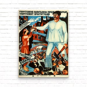 Cartel de propaganda vintage contra la prostitución soviética