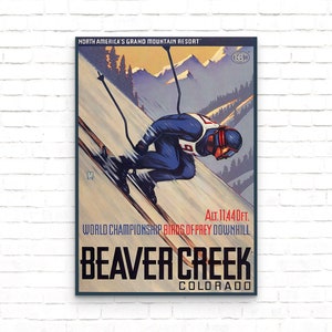 Póster de esquí vintage de Beaver Creek, Colorado, impresión artística de la estación de esquí de Colorado, decoración de pared de deportes de invierno, regalo de campeonato mundial de esquí alpino