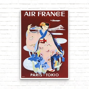 Cartel de viaje vintage de Tokio, Air France Retro Airline Art Print, decoración de pared publicitaria de París a Tokio, arte de pared de viaje retro, idea de regalo