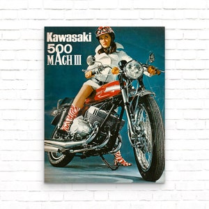 Póster publicitario de motocicleta vintage Kawasaki 500 MACH III 1970 - Impresión artística - Decoración de pared