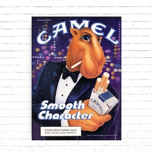 May include: Vintage Camel cigarettes advertisement featuring the Camel mascot in a tuxedo, smoking a cigarette, and holding a pack of Camel Lights. The ad includes the text "Smooth Character" and a Surgeon General's warning.