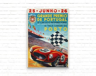 May include: A vintage poster advertising the 1955 Grande Premio de Portugal, a 6th International Circuit race in Porto. The poster features a red race car with the number 31, a checkered flag, and the text "25 JUNHO 26" and "III TAÇA CIDADE DO PORTO".