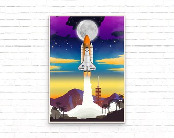 May include: A white and orange space shuttle launches into the night sky with a large, crescent moon in the background. The shuttle is surrounded by a cloud of white smoke. The sky is a gradient of purple, blue, and yellow.