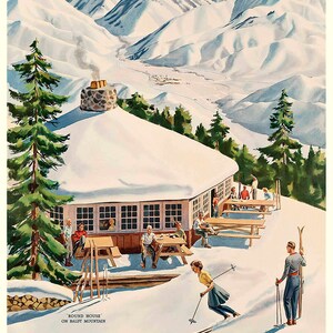 Puede incluir: Un cartel de viaje vintage para Sun Valley, Idaho, que presenta un paisaje monta&ntilde;oso nevado con una caba&ntilde;a y esquiadores. El texto "Round House on Baldy Mountain" es visible en la esquina inferior izquierda. El cartel est&aacute; en un estilo retro con colores brillantes y letras en negrita.