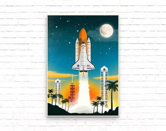 May include: A white and orange space shuttle launching into the night sky with a bright orange flame. The shuttle is surrounded by three tall white towers with a large moon in the background.