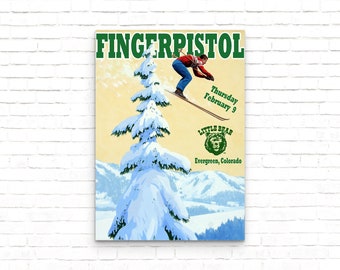 Fingerpistol Evergreen Colorado Vintage Ski Poster, Retro Music Group Art Print, Colorado Travel Wall Decor, Ski Resort Wall Art, Skier Gift