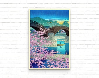 Ukiyo-e Cherry Blossom Kintai Bridge Vintage Japanese Woodblock Poster - Art Print - Wall Decor