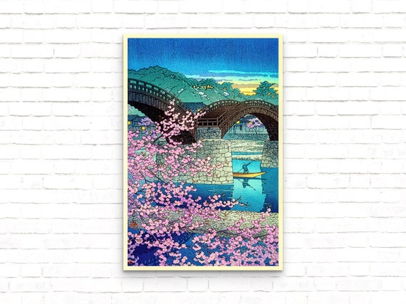 Ukiyo-e Cherry Blossom Kintai Bridge Vintage Japanese Woodblock