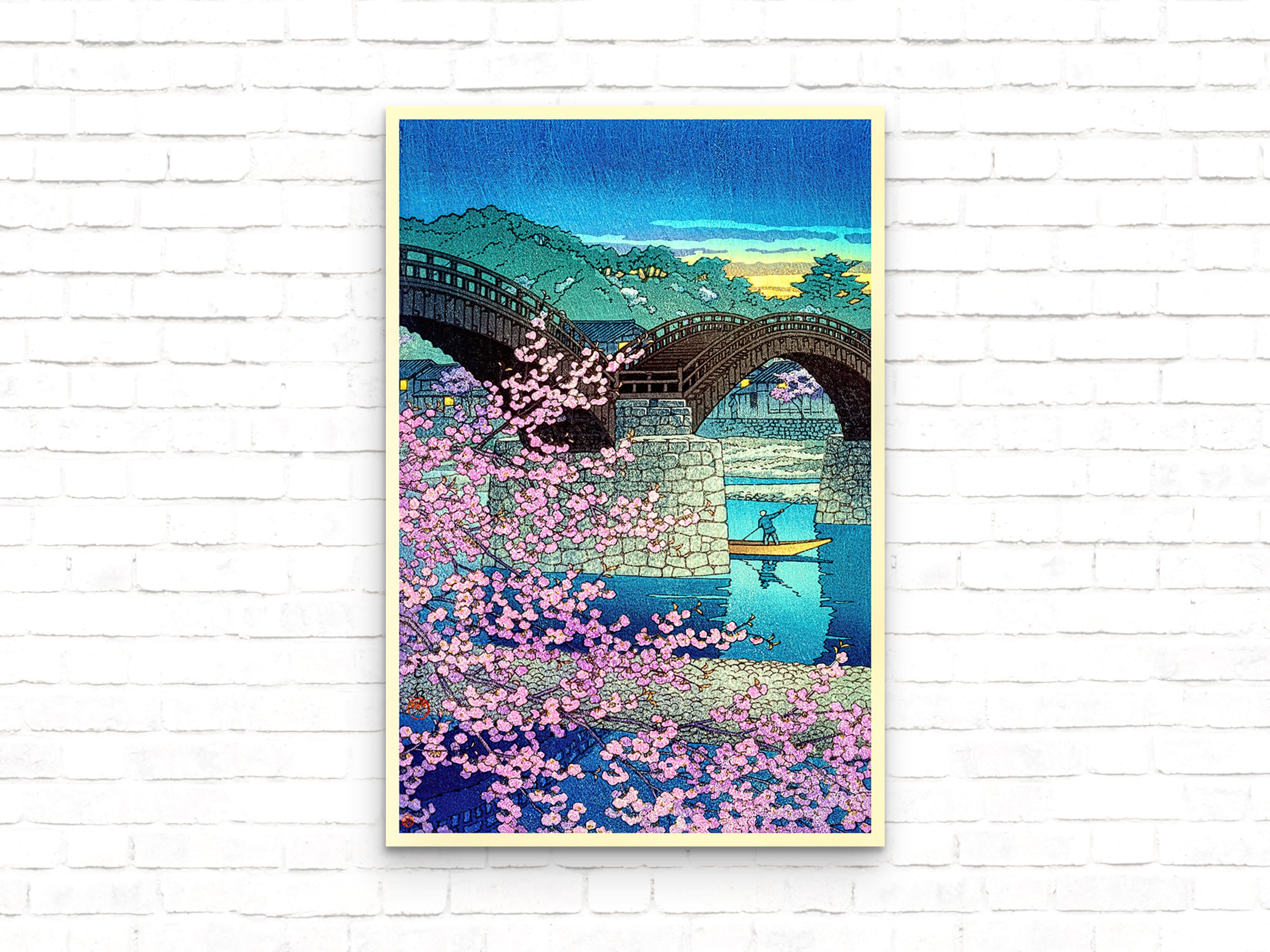 Ukiyo-e Cherry Blossom Kintai Bridge Vintage Japanese Woodblock