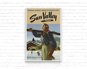 Sun Valley Idaho Vintage Ski Poster, Idaho Travel Art Print, US 1940's Winter Skiing Wall Decor, Retro Travel Print, Ski Resort Wall Art