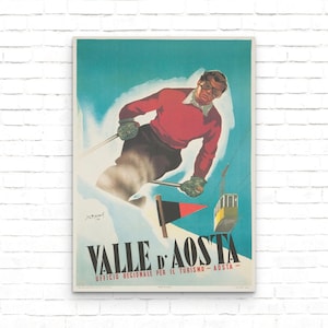 Italy Vintage Ski Poster, Aosta Valley Italy Art Print, Italy Travel Wall Decor, Valle d’Aosta Winter Sports, Retro Large Wall Art, Ski Gift