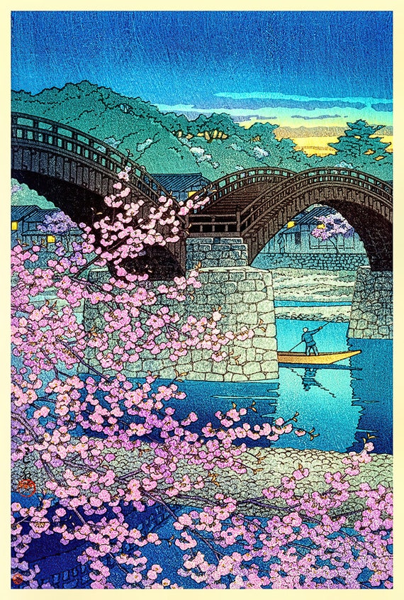 Ukiyo-e Cherry Blossom Kintai Bridge Vintage Japanese Woodblock