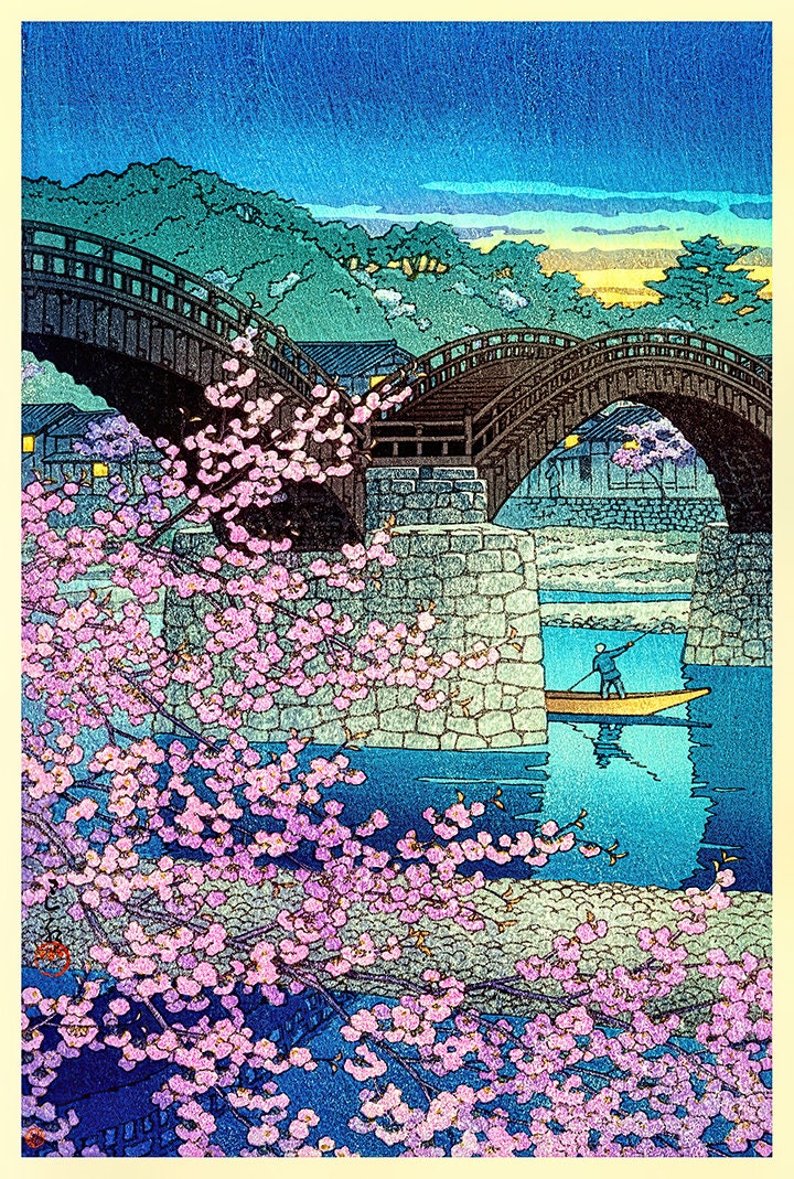 Ukiyo-e Cherry Blossom Kintai Bridge Vintage Japanese Woodblock