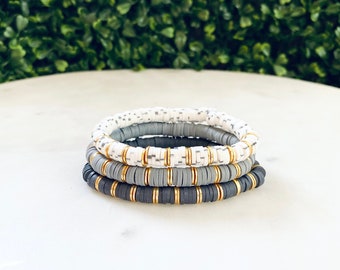 The Effie Stack|Dalmatian|Grey|Gray & White|Heishi Beaded Boho Hippie Stretch Stackable Bracelet | Custom Sizes | Gold or Silver Options