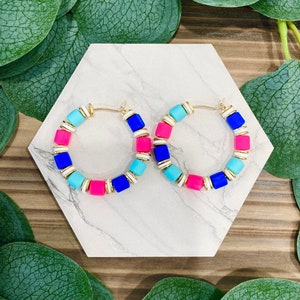 The Kylie Hoops| Hot Pink Fuchsia, Royal Blue, Aqua Turquoise & Gold or Silver| Bright, Colorful, Spring Summer, Boho, Colorblock, Earrings