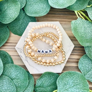 MOTHER'S DAY GIFTS| Gifts for Mom, Grandma| Wooden Beads Personalized, Customized, Name Letter Bracelet Stack, Cross, 14K Beaded Bracelet