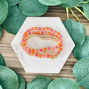 The Eloise Stack| Hot Pink, Orange, Coral Peach & 14k Gold Beaded Bracelets | Minimalist, Boho, Dainty Stackable Stretch Bracelets