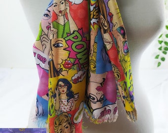 Scialle per ragazze Pop Art, scialle con fumetti retrò, scialle con collezione di clipart Pop Art, dipinti Pop Art, stile Pop Art, arte della cultura pop, scialle Pop Art