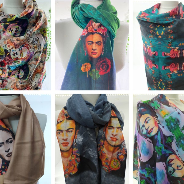 Écharpe Frida Kahlo, Frida Kahlo Wraps, Châle Frida Kahlo, Accessoire Frida Kahlo, Écharpe châle du milieu du siècle, Cadeau d’anniversaire Frida Kahlo pour les femmes