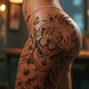 Puede incluir: Un diseño de tatuaje en blanco y negro de un búho con ojos grandes, rodeado de flores y mariposas. El tatuaje está en la cadera y el muslo de una persona.