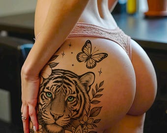 Empower your beauty with this stunning tiger and flowers tattoo design – perfect for fierce, sensual, and determined women