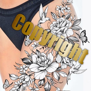 Get this beautiful and sexy design of tattoos, of flowers, butterflies and hummingbirds. Show your most sensual side with this tattoo.