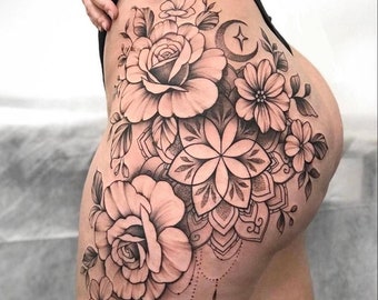 Get this beautiful and sensual tattoo design of flowers, mandalas and moon with stars for the thigh