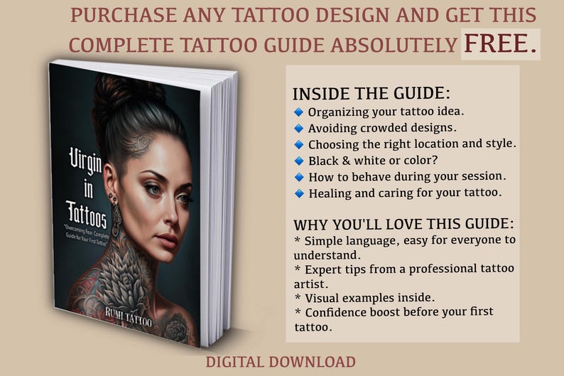 May include: A digital download guide titled "Virgin in Tattoos: Overcoming Your Nervousness, A Complete Guide for Your First Tattoo" with a woman with a colorful tattoo on her neck and shoulders. The guide includes tips on organizing your tattoo idea, avoiding crowded designs, choosing the right location and style, black and white or color, how to behave during your session, and healing and caring for your tattoo.
