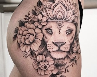 Get this beautiful and feminine lioness design with flowers and mandala. Transmit the strength and sensuality that characterizes you.