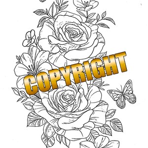 May include: A black and white line drawing of a bouquet of roses and butterflies. The roses are in full bloom and the butterflies are in flight. The drawing is surrounded by a gold border with the word "COPYRIGHT" in large letters.