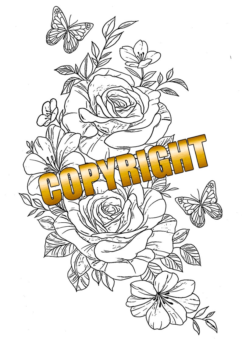 May include: A black and white line drawing of a bouquet of roses and butterflies. The roses are in full bloom and the butterflies are in flight. The drawing is surrounded by a gold border with the word "COPYRIGHT" in large letters.