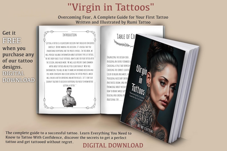 May include: A book cover with a woman's face on it. The title of the book is "Virgin in Tattoos: Overcoming Fear, A Complete Guide for Your First Tattoo". The book is written and illustrated by Rumi Tattoo.