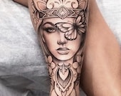 Get now this sensual and feminine tattoo design with woman face, mandala, butterfly, and flowers for leg or arm.