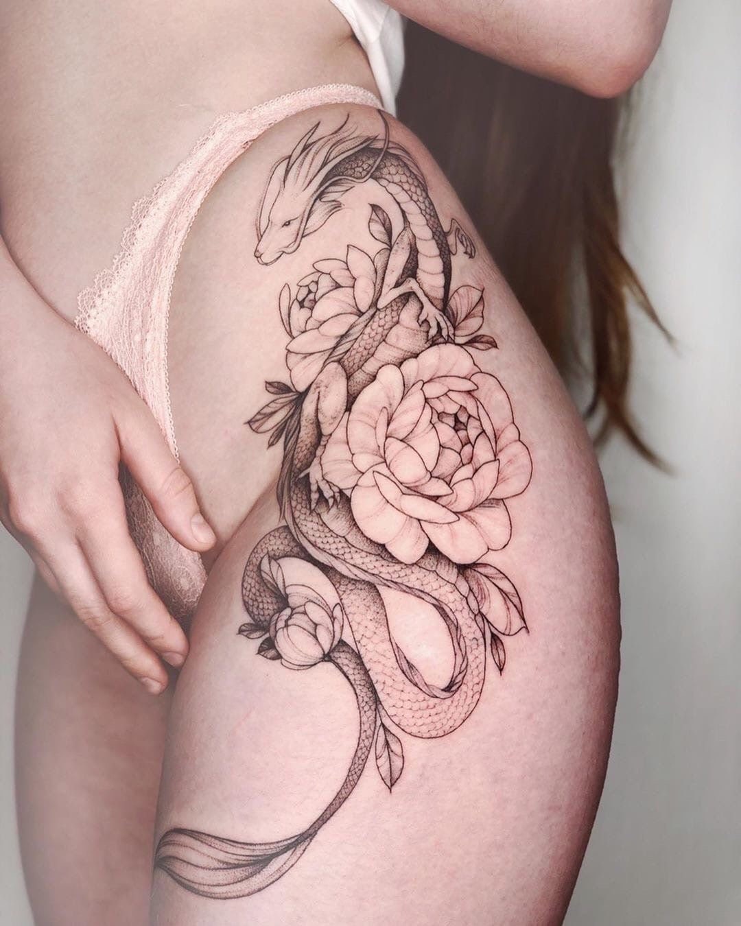 Briyhose 10 Sheet Realistic Floral Dragon Tattoo Temporary Thigh Tattoos  For Women Adults, Large 3D Color Black Flower Rose Dragon Sleeve Fake Arm