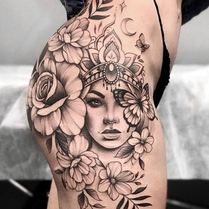 6 hojas de mangas de tatuaje temporal de flores grandes para mujer,  impermeables, color negro, rosa, realista, tatuajes temporales completos  para